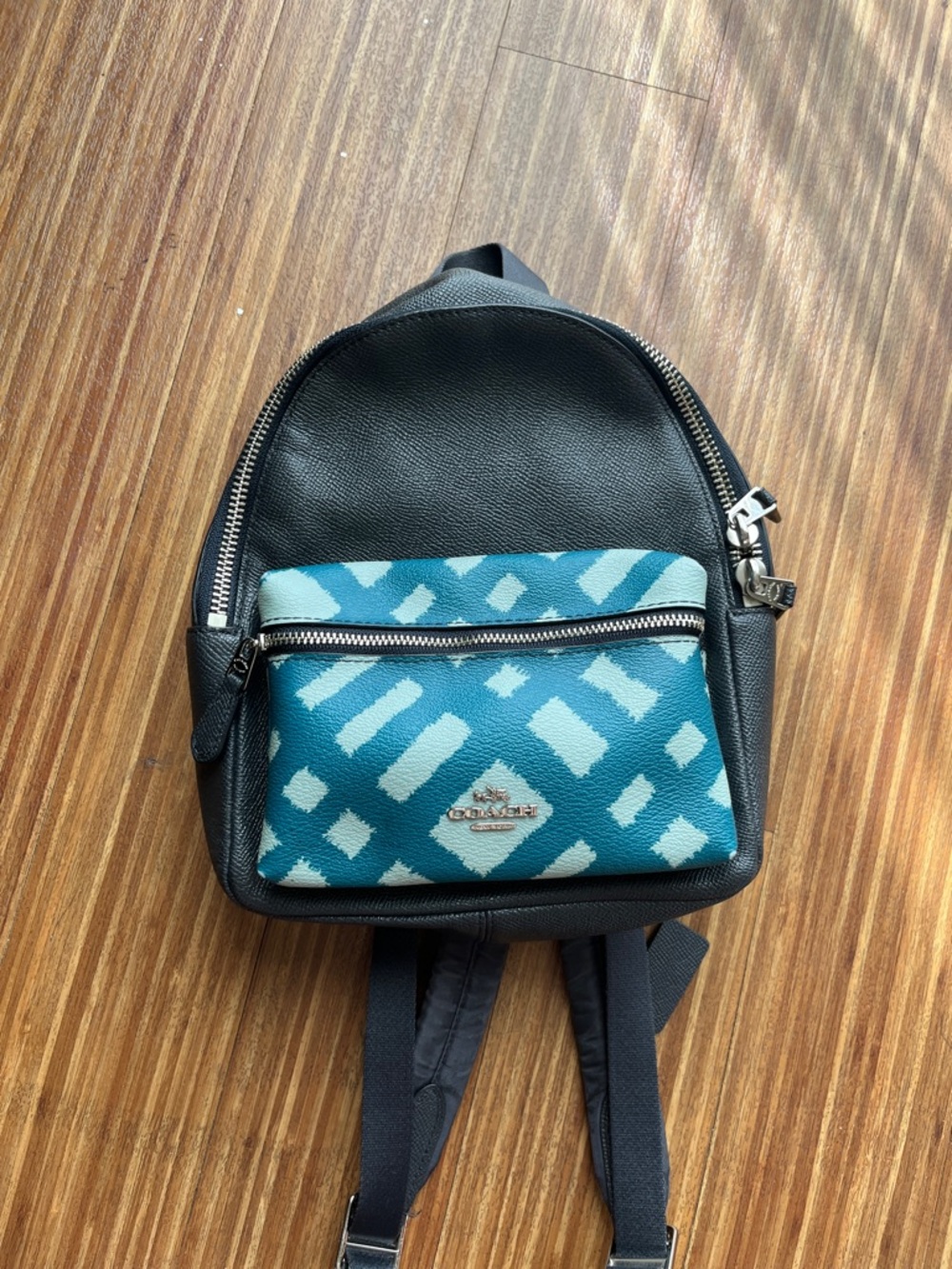Coach Black Leather Mini Backpack with Teal Patterned Pocket - Picture 2 of 6